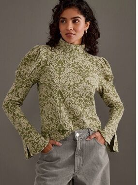 Anthropologie Olive & Cream Jacquard Mock-Neck Puff Sleeve Top